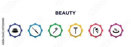 beauty filled icons with infographic template. glyph icons such as stone massage, hair curler, teeth brush, shaving, shower place, hot spring vector.