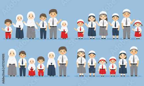 set of boys and girls wearing Indonesian student school uniform. Indonesia elementary, junior high school and high school uniform vector set. Flat vector character design.