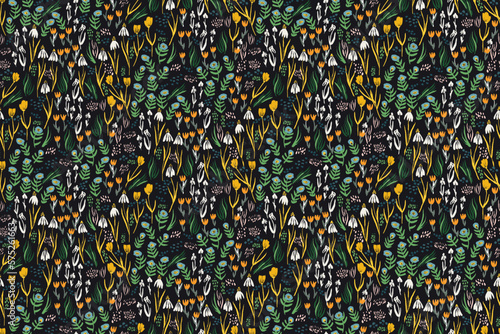 Night feminine seamless pattern with hand drawn paint wildflowers on dark background