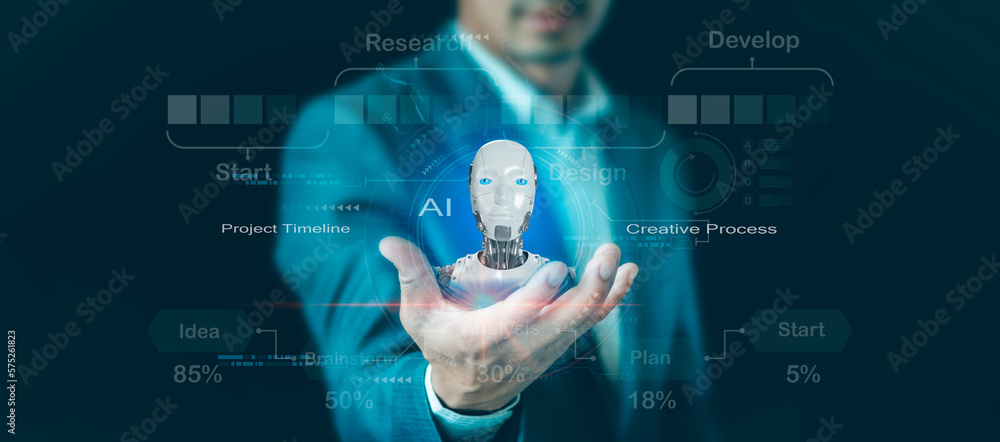 Fototapeta premium AI technology in everyday life, Technology, and people concept man use AI to help work, AI Learning, and Artificial Intelligence Concept. Business, modern technology, internet, and networking concept