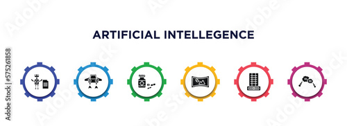 artificial intellegence filled icons with infographic template. glyph icons such as laws of robotics, fyling vehicle, medicine, immersive, difference engine, speech bubble vector.