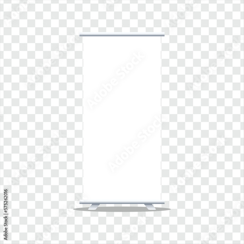 Roll up banner stand isolated on transparent background. vector empty white show display mock up for presentation or exhibition your product. vertical blank roll up board for trade advertising