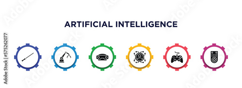 artificial intelligence filled icons with infographic template. glyph icons such as ar wand, mechanical arm, stereoscope, users, game control, remote control vector.