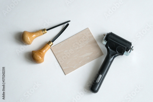 Llinocut craft tools and materials tools. Chisels and linocut