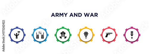 army and war filled icons with infographic template. glyph icons such as revolt, two way radio, gas mask, strategy, gun, militar in vector.