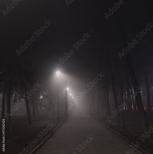 Lantern-lit alley on a foggy dark evening.