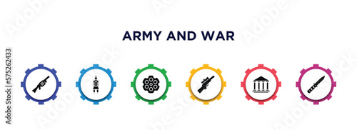 army and war filled icons with infographic template. glyph icons such as grenade launcher, , chamber, rifle, federal agency, combat knife vector.