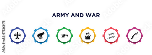 army and war filled icons with infographic template. glyph icons such as fighter plane, canon, helicopter, guerrilla, barbed wire, bayonet on rifle vector.