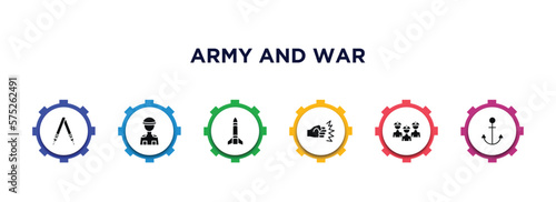army and war filled icons with infographic template. glyph icons such as shoulder strap, soldier, missile, assault, brigade, naval vector.