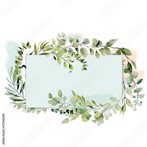 Rectangular frame decorated with watercolor eucalyptus and greenery branches, png illustration
