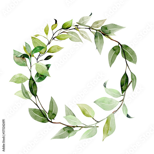 Wreath of watercolor green branches  hand drawn on a white background