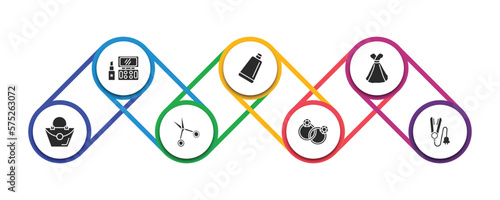 woman clothing filled icons with infographic template. glyph icons such as makeup, creme container black, female dress, handbag of female, scissors inverted view, round earrings, hair iron vector.