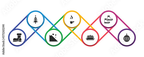 winter filled icons with infographic template. glyph icons such as christmas tree, hot tea, snowshoes, snow boot, avalanche, goggles, bauble vector.