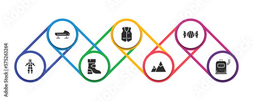 winter filled icons with infographic template. glyph icons such as bobsled, anorak vest, candy, snowsuit, winter boots, snowy mountain, heater vector.