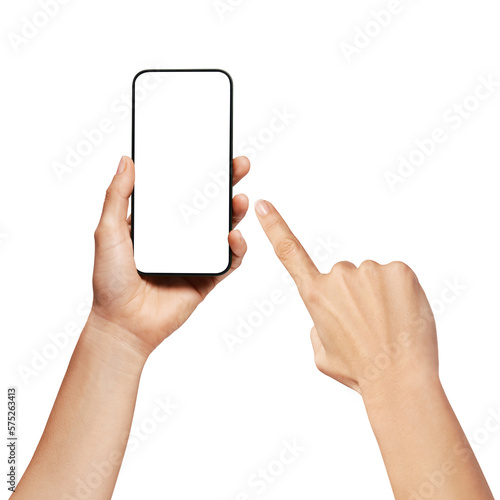 Hand holding a smartphone, and another hand pointing