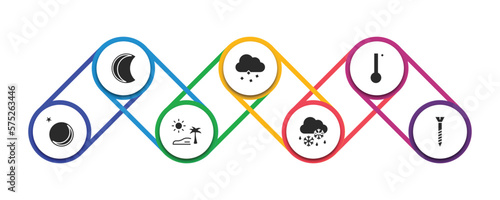 weather filled icons with infographic template. glyph icons such as waning moon, ice pellets, degree, new moon, subtropical climate, sleet, bolt vector.