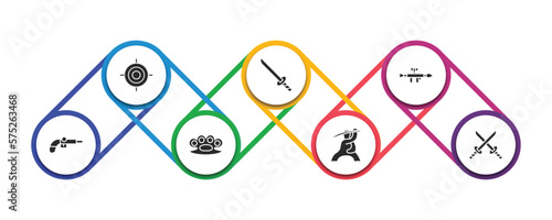 weapons filled icons with infographic template. glyph icons such as shooting target, katana with handle, bazooka, musket, brass knuckles, samurai, 2 katanas vector.