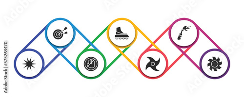 weapons filled icons with infographic template. glyph icons such as objetive, boarding, molotov cocktail, burst, no arms, japanese shuriken, blade vector.