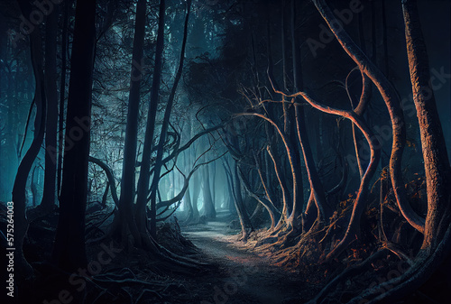 Dark spooky enchanted forest with glowing light on the path background. Halloween and Fairytale concept. Generative AI