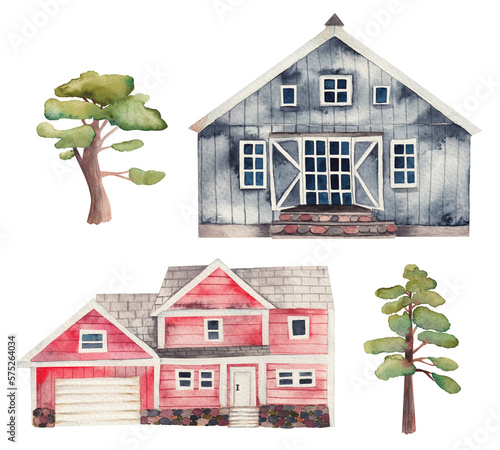 Watercolor illustrations of wooden farmhouses and trees, isolated illustration on white background