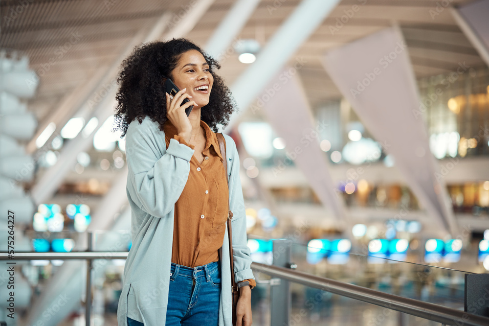 Phone call, travel and black woman with smile in airport, talking and excited for international journey. Global transport, communication and girl on smartphone for chat, happy and waiting for flight