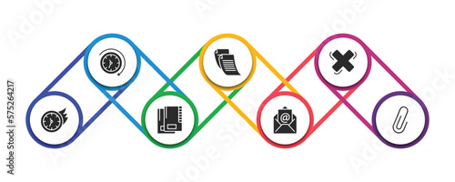 user interface filled icons with infographic template. glyph icons such as anti clockwise, written paper, cross, past, office folders, email evelope, shaped paper clip vector.