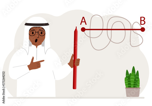 A man with a red pencil in his hand. A line is drawn from point A to point B, a straight and difficult path, the shortest distance to the goal, an easy or short path to success in business and life.