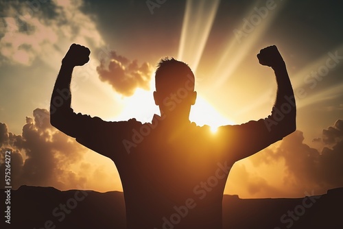 représentation du succès et de la victoire, homme de dos bras tendus face au soleil, silhouette