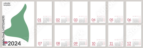 Vertical wall calendar template for 2024 year. Set of 12 months. Week starts on Monday. Planner in minimalist style with place for photo. Vector corporate and business calender page A4 A5 template