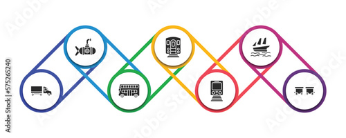 transportation filled icons with infographic template. glyph icons such as small submarine, , schooner, eighteen-wheeler, double decker bus, metro, wagon vector.