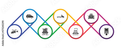 transportation filled icons with infographic template. glyph icons such as hatchback, flatbed lorry, sports car, military helicopter, houseboat, icebreaker ship, monorail vector.
