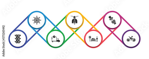 transport filled icons with infographic template. glyph icons such as ship wheel, scooter bike, seatbelt, semaphore, shipping and delivery, parking men, bicycle side view vector.