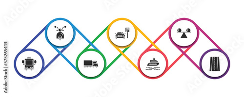 transport filled icons with infographic template. glyph icons such as motorbike, car parking, stability, bus front with driver, road sweeper, luxury yacht, road with broken lines vector.