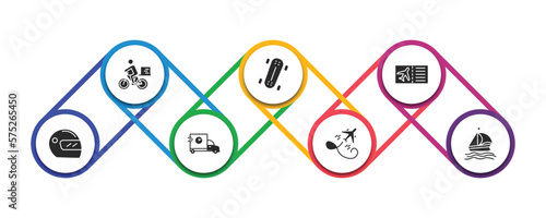 transport filled icons with infographic template. glyph icons such as delivery bike, longboard, plane tickets, motorsport, carrier, flying airplane, sailing boat vector.