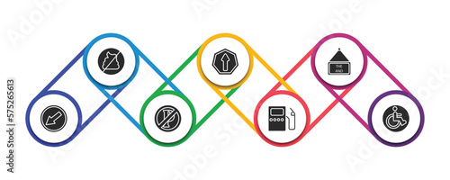 traffic signs filled icons with infographic template. glyph icons such as no pooping, ahead only, end of way, keep left, no parking, gas station, handicap vector.