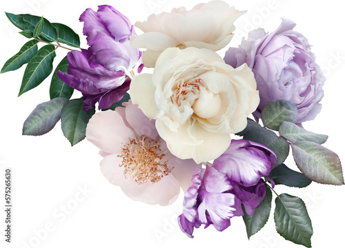 Fototapeta Naklejka Na Ścianę i Meble -  Bouquet of soft lilac roses and purple tulips isolated on a transparent background. Png file.  Floral arrangement. . Can be used for invitations, greeting, wedding card.