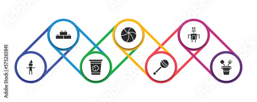 toys filled icons with infographic template. glyph icons such as blocks toy, ball toy, robot toy, troll dough sand bucket vector.