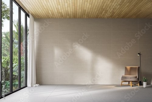 Fototapeta Naklejka Na Ścianę i Meble -  Modern contemporary loft style living room with tropical style garden view 3d render,The room has concrete tiled floors and walls for copy space and wooden ceilings
