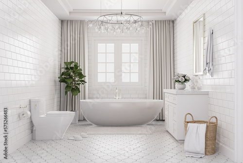 Modern luxurious bathroom with white brick pattern tile walls 3d render Decorated with glass chandelier