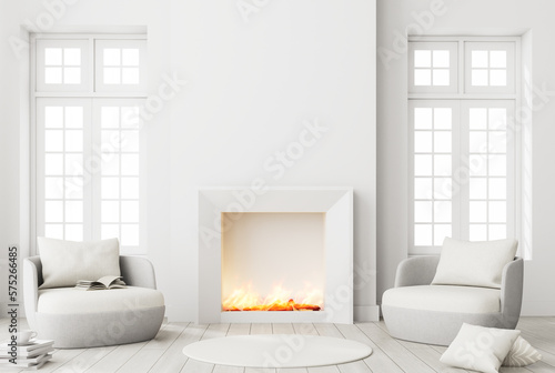 Modern style white living room Furnished with a minimal fireplace with flames and white fabric lounge chair 3d render The room has a parquet floor and white window overlooking bright background
