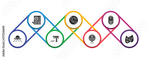 technology filled icons with infographic template. glyph icons such as worlwide news, reciever, wireless mouse, science fiction, holiday, dock, theater vector.