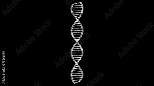 3D DNA strand on black bg. Object dissolved white flickering particles. Business advertising backdrop. Science concept. For title, text, presentation. 3D animation