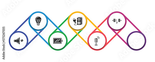 technology filled icons with infographic template. glyph icons such as led lamp, entertainer, plugs, no audio, battery level, video camera side view, vintage mic vector.