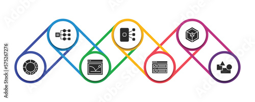 technology filled icons with infographic template. glyph icons such as sitemaps, content curation, frameworks, colory theory, bounce rate, selector, elements vector.