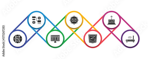 technology filled icons with infographic template. glyph icons such as wireframe, email marketing, growth hacking, internet traffic, front end, css3, routers vector.