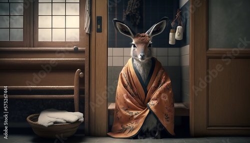 Deer in a bathrobe in a Japanese house photo