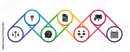 strategy filled icons with infographic template. glyph icons such as creative, report, responsive, balance, question, partner, calendar vector.