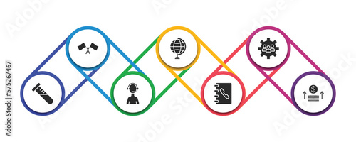 strategy filled icons with infographic template. glyph icons such as racing, , teamwork, sample, customer support, phonebook, investment vector.
