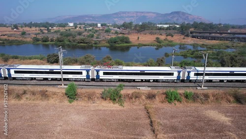 Drone Footage of the Mumbai Solapur Vande Bharat Express Train heading towards Mumbai, shot at Kamshet near Pune India.