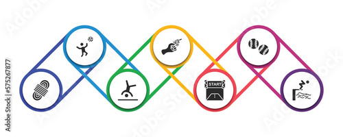 sports filled icons with infographic template. glyph icons such as man playing volleyball, starting gun, baseball ball, climbing with rope, cartwheel, starting line, swimming jump vector.
